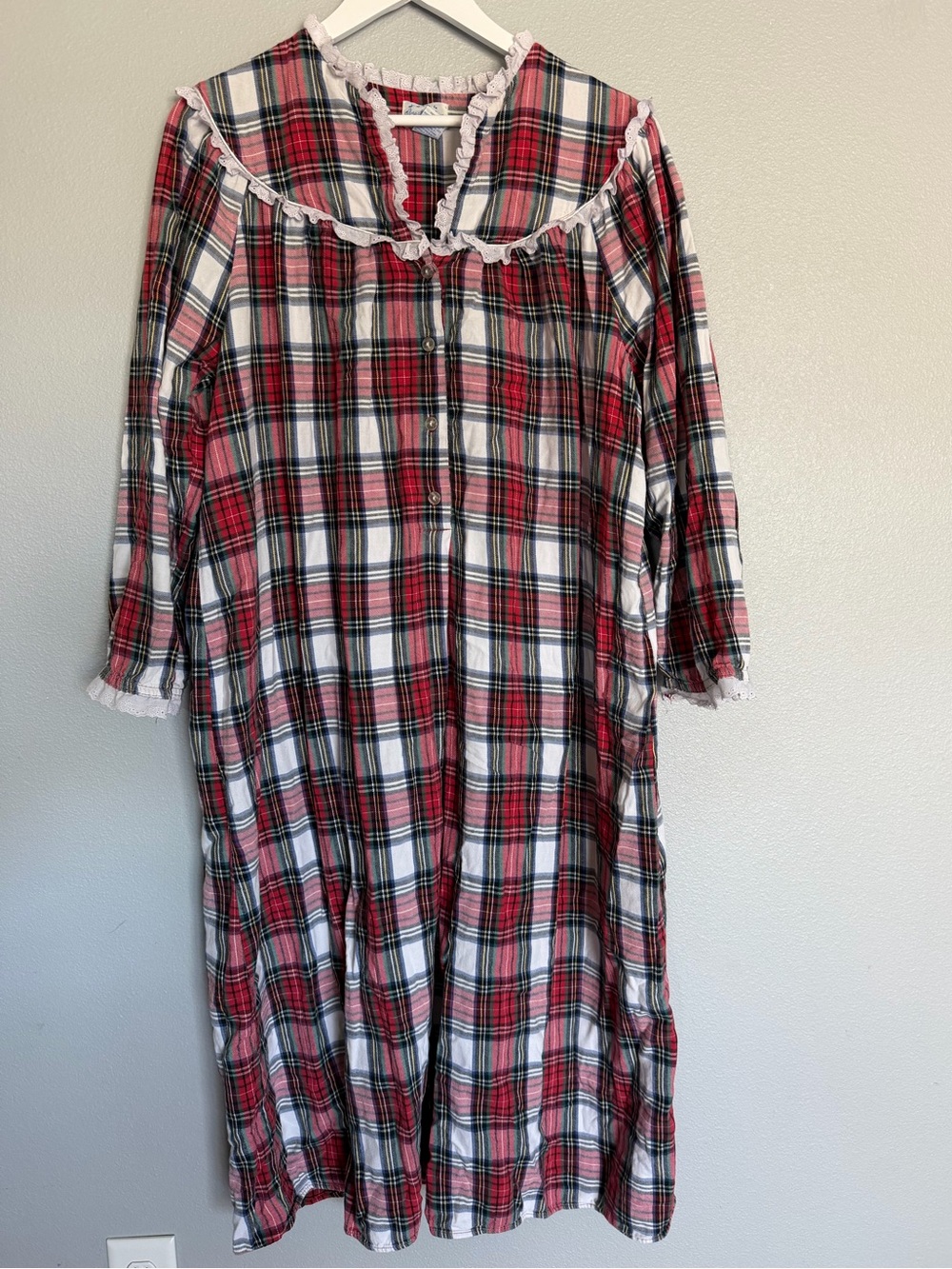Lanz of Salzburg red white plaid long sleeve cotton maxi nightgown Women’s sz M